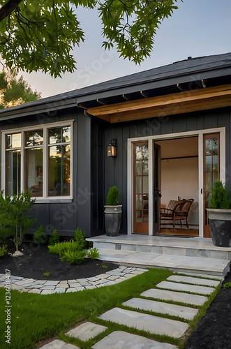 Wallpaper Mural Modern Dark Exterior House with Stone Pathway and Lush Greenery. Contemporary Home Design and Architecture. Real Estate Photography. Torontodigital.ca