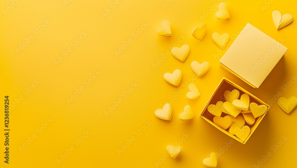 A yellow-themed flat lay composition of paper hearts in various shades and shapes, floating around an open gift box.Minimal creative Valentine's holiday concept.Copy space,flat lay A yellow-themed flat lay composition of paper hearts in various shades and shapes, floating around an open gift box.Minimal creative Valentine's holiday concept.Copy space,flat lay