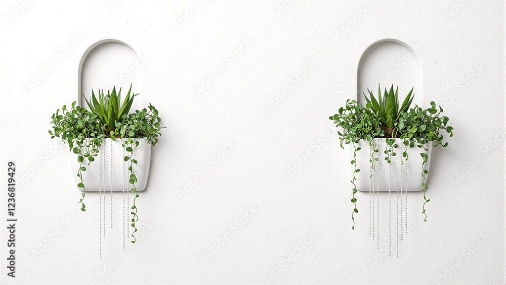 Fototapeta premium Contemporary stucco wall with vibrant succulent filled vertical planters