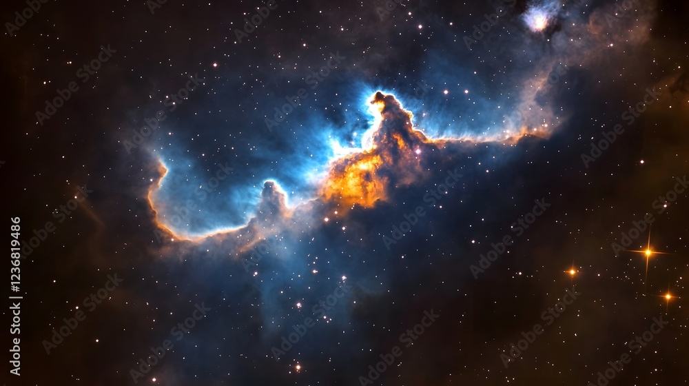 Obraz premium Breathtaking image of a cosmic nebula explosion in a vibrant blue and orange color palette set against the backdrop of a starry night sky