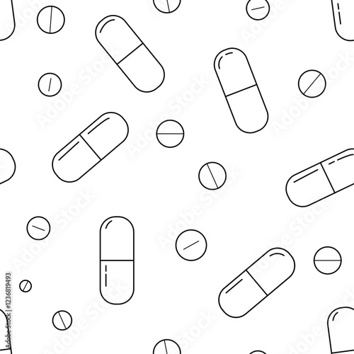 Medical pills seamless pattern. Outline pills background. Pills and capsules pattern in black and white.
