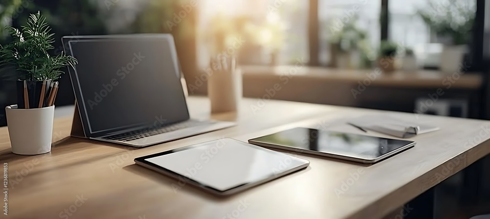 A professional workspace with a focus on a digital tablet A professional workspace with a focus on a digital tablet