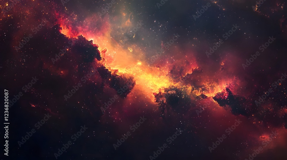 Fototapeta premium Breathtaking image of a massive fiery cosmic explosion with vibrant flames sparks and glowing embers erupting in the depths of a surreal otherworldly space landscape