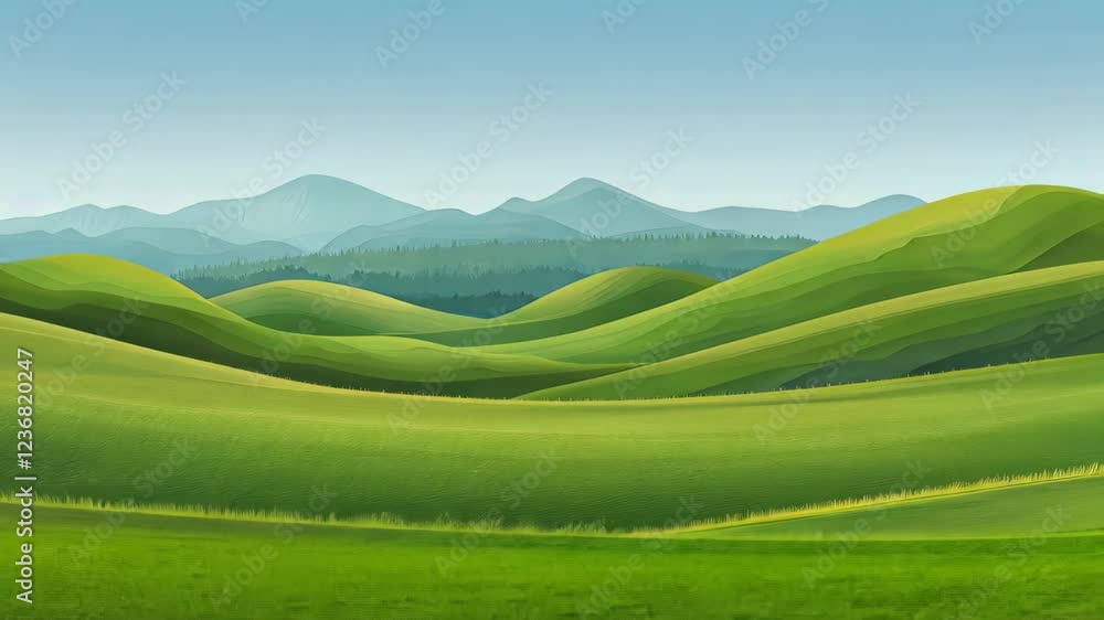 Green Grassland Landscape With Rolling Hills Under a Clear Blue Sky With Distant Mountains and Lush Greenery Perfect for Nature, Travel, and Tranquil Scenic Outdoor Escape Background Green Grassland Landscape With Rolling Hills Under a Clear Blue Sky With Distant Mountains and Lush Greenery Perfect for Nature, Travel, and Tranquil Scenic Outdoor Escape Background