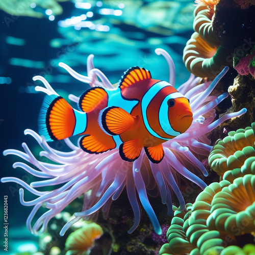 A vibrant clownfish swimming among colorful anemone tentacles in a clear, tropical reef, showcasing its bright orange
