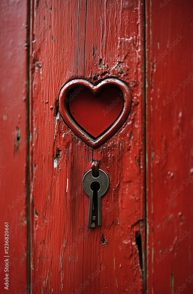 Fototapeta premium The heart-shaped keyhole on the red door symbolizes open love and possibilities.Minimal creative Valentine's holiday concept.Copy space,flat lay 