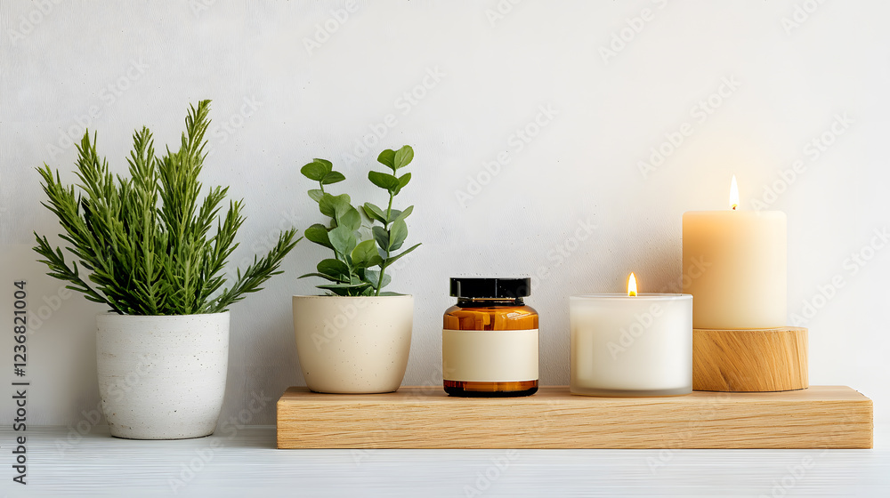 Candles and small plants are artfully displayed on a wooden tray, enhancing a tranquil indoor space Candles and small plants are artfully displayed on a wooden tray, enhancing a tranquil indoor space