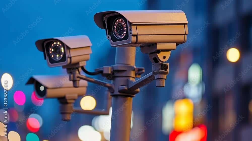 Multiple security cameras monitor urban area during twilight