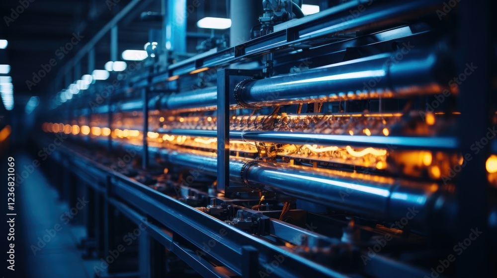Illuminated Industrial Conveyor Belt System in a Modern Factory Illuminated Industrial Conveyor Belt System in a Modern Factory