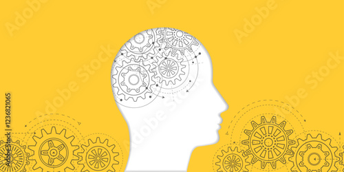 Human head with gears. Thought process. The thinking human brain. Vector illustration.