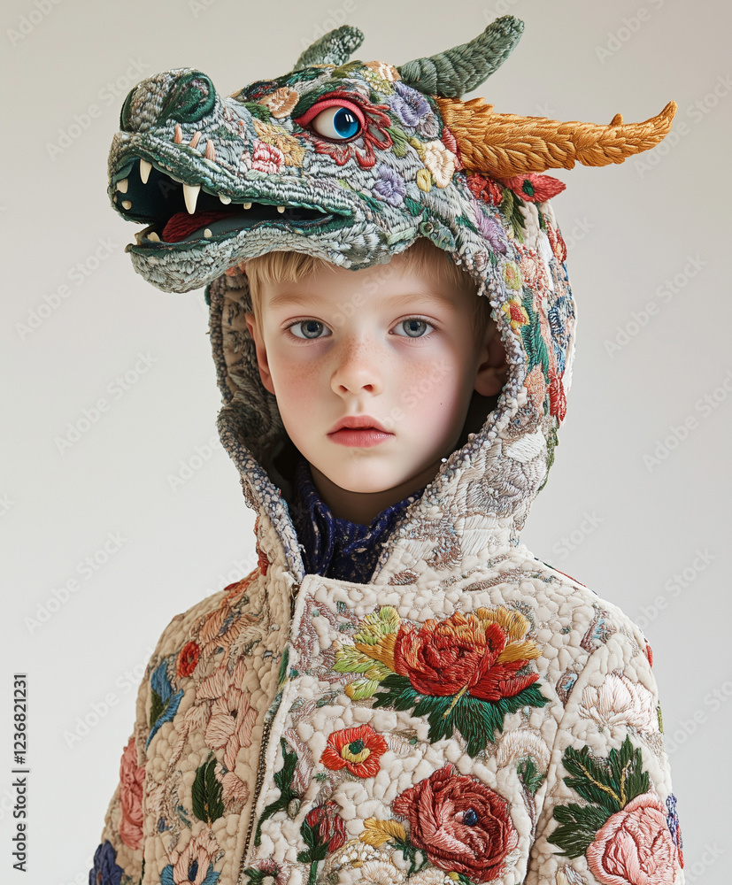 A little boy wearing an embroidered floral coat with a hood and a hat in the shape of a cute dragon head.Minimal creative kid's fashion concept with copy space. A little boy wearing an embroidered floral coat with a hood and a hat in the shape of a cute dragon head.Minimal creative kid's fashion concept with copy space.