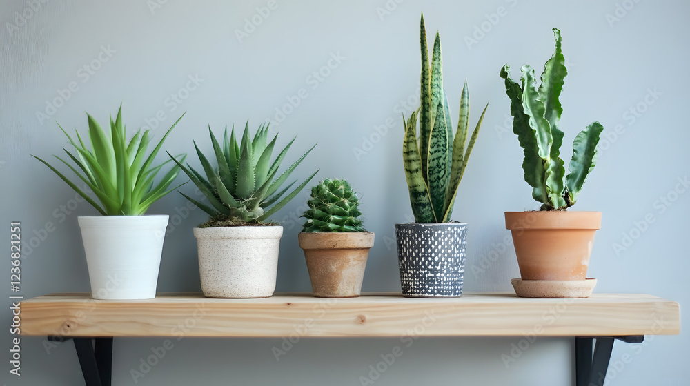 Fototapeta premium Five varieties of potted plants are neatly displayed on a shelf, bringing life to the light gray wall