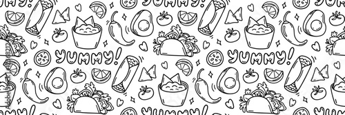 Mexico food doodle pattern. Delicious traditional Mexican cuisine. Taco, avocado, guacamole, chili, burrito, nachos. Cinco de mayo celebration background. Vector outline illustration.