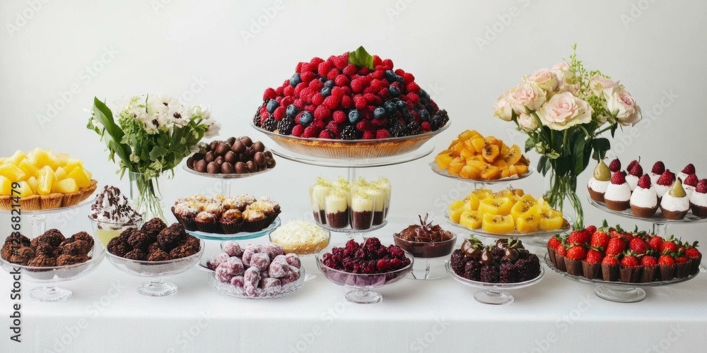 A vibrant display of assorted desserts and fruits, perfect for celebrations, parties, and events. A vibrant display of assorted desserts and fruits, perfect for celebrations, parties, and events.