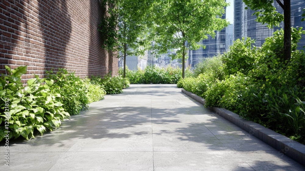 Urban oasis pathway, city backdrop, sunlight, green plants Urban oasis pathway, city backdrop, sunlight, green plants