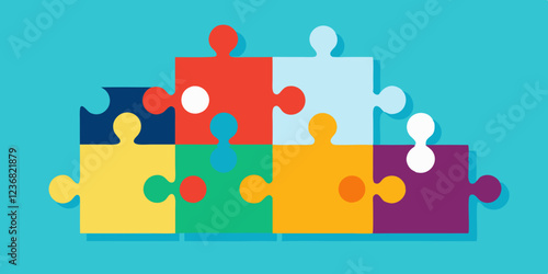 Colorful puzzle on teal background for blogs about teamwork,problem solving sites,communication concepts or strategy.