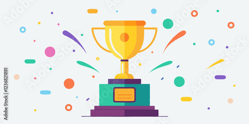 Gold trophy with confetti on white background. Use for award ceremonies, sports events, and achievement celebrations.