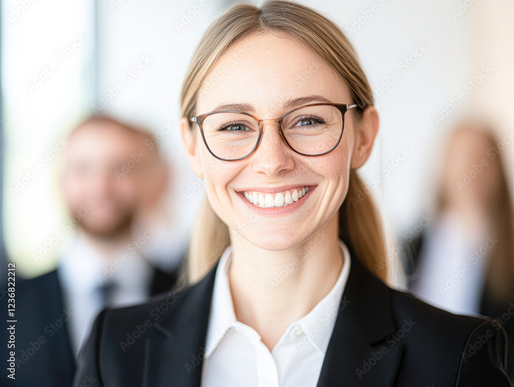 Professional woman smiling in bright office business event portrait Professional woman smiling in bright office business event portrait