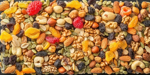 Colorful assortment of nuts and dried fruits, ideal for healthy eating promotions, snack recipes, or nutrition-related content.