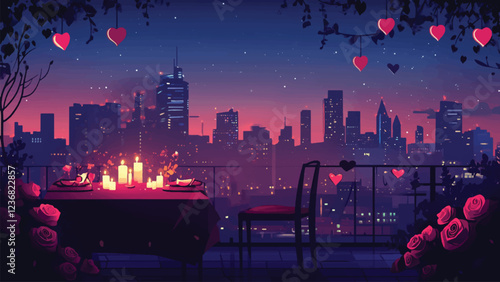 Flat illustration of a romantic candlelit dinner setup on a rooftop, overlooking a glowing city skyline