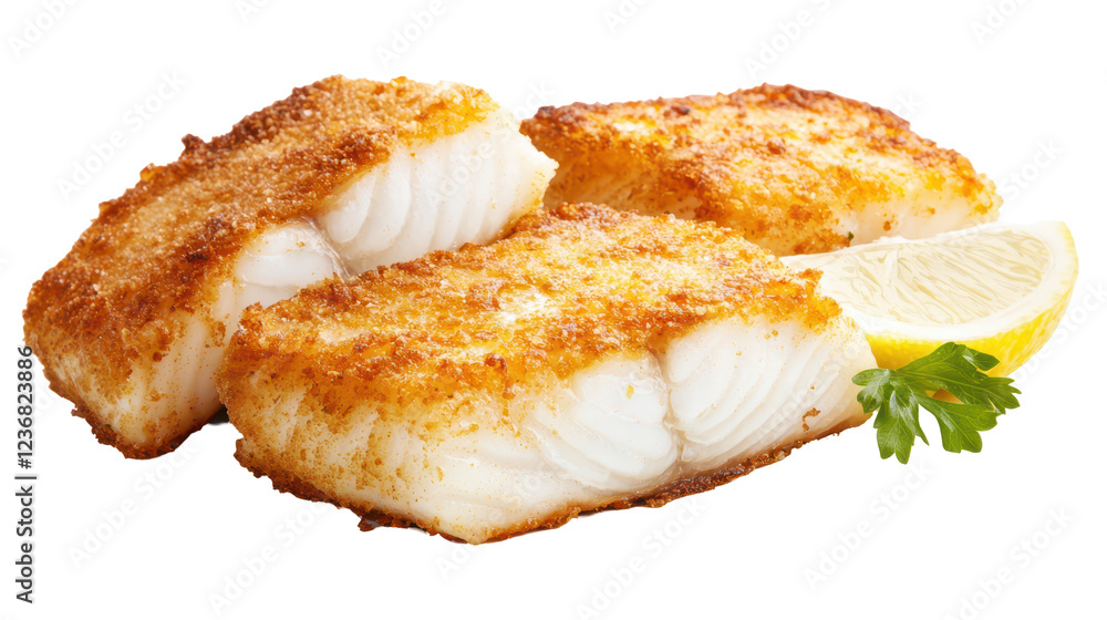 Crispy breaded fish fillet chunks with lemon and parsley garnish Crispy breaded fish fillet chunks with lemon and parsley garnish