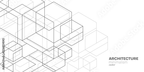 Abstract architecture. White background from cubes and lines. Linear geometric drawing. Vector illustration.
