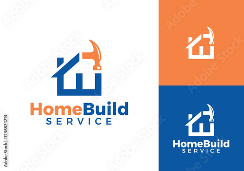creative house building logo. hammer tool repair home construction design concept	
