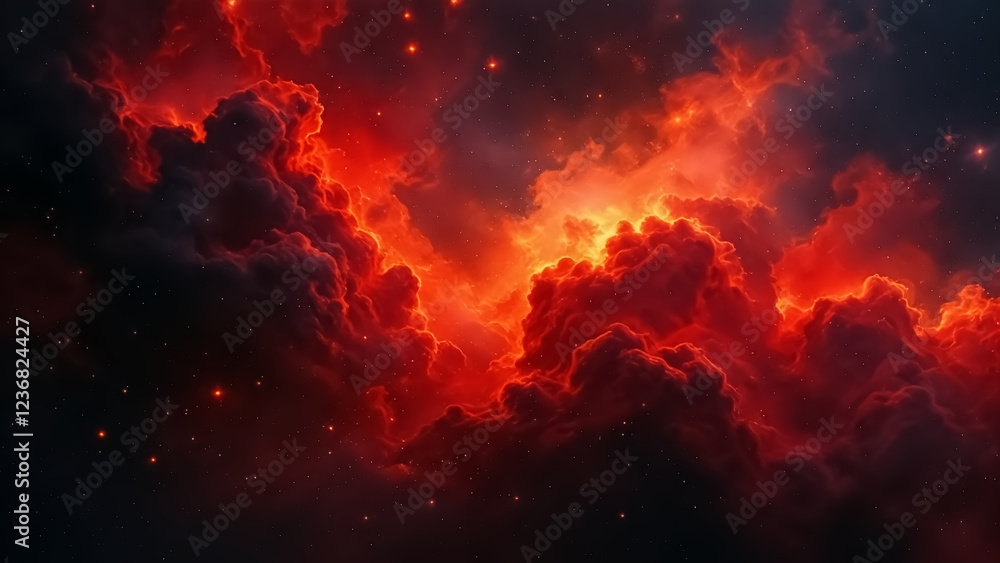 Abstract Nebula Swirling Red and Orange Hues with Dark Interstellar Dust Abstract Nebula Swirling Red and Orange Hues with Dark Interstellar Dust