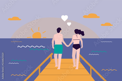 Love couple in swimwear walking pier with seaview. Tropical beach paradise. Happy man and woman spend time together outdoors on weekend.