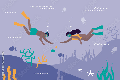 Snorkeling and diving underwater. Couple of tourist divers, tanned people with oxygen masks, goggles and tube, swimming under water, exploring marine coral reef, seabed.