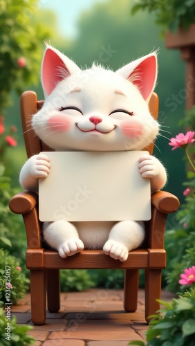 create a humorous image of a happy cat, slumped in a chair, holding up an empty sign, colorful letters. The cat is clearly exhausted. The background is a garden, Perfect composition, highly detailed -