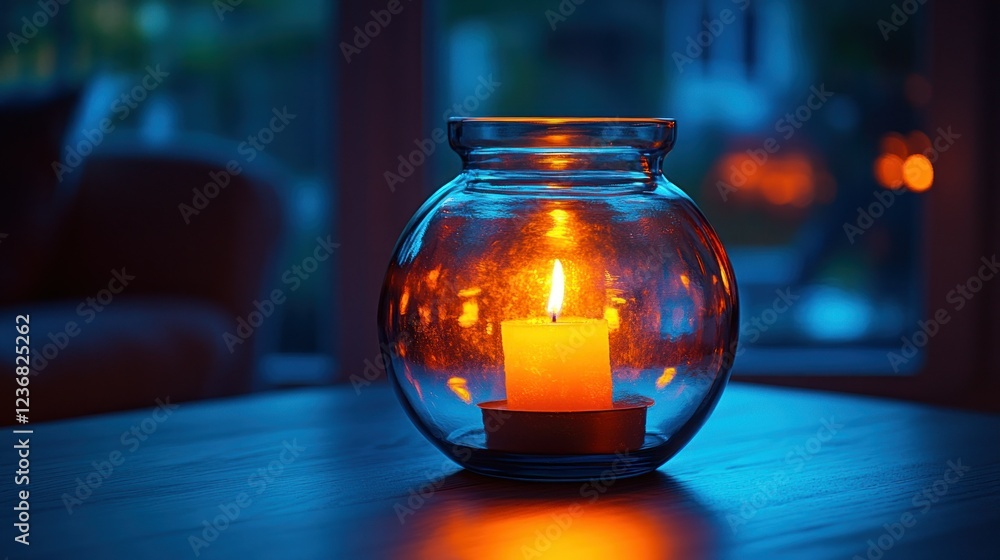 Illuminated candle in glass bowl on table at night, blurred home interior background Illuminated candle in glass bowl on table at night, blurred home interior background