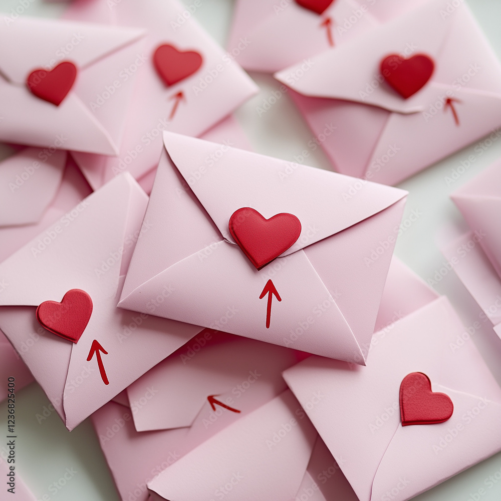 A pile of pink envelopes with red heart-shaped stickers and arrows pointing at the center, set against a white background.Minimal creative Valentine's holiday concept.Copy space,flat lay A pile of pink envelopes with red heart-shaped stickers and arrows pointing at the center, set against a white background.Minimal creative Valentine's holiday concept.Copy space,flat lay