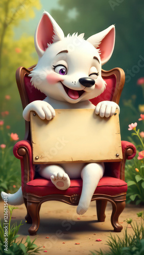 create a humorous image of a happy dog, slumped in a chair, holding up an empty sign, colorful letters. The cat is clearly exhausted. The background is a garden, Perfect composition, highly detailed -