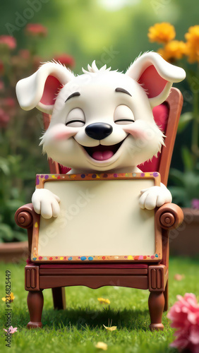 create a humorous image of a happy dog, slumped in a chair, holding up an empty sign, colorful letters. The cat is clearly exhausted. The background is a garden, Perfect composition, highly detailed -