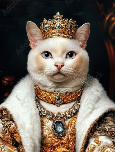Custom cat portrait, Regal White Cat Wearing Gold Crown and Ornate Robe with Jewel Details