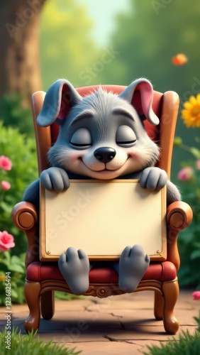 create a humorous image of a happy dog, slumped in a chair, holding up an empty sign, colorful letters. The cat is clearly exhausted. The background is a garden, Perfect composition, highly detailed -