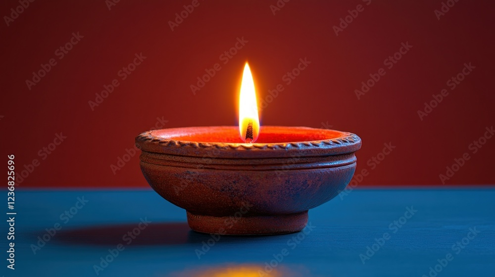 Illuminated clay oil lamp on blue surface against red background Illuminated clay oil lamp on blue surface against red background