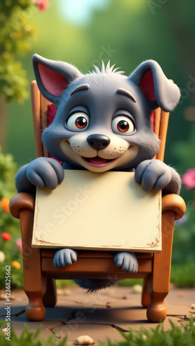 create a humorous image of a happy dog, slumped in a chair, holding up an empty sign, colorful letters. The cat is clearly exhausted. The background is a garden, Perfect composition, highly detailed -