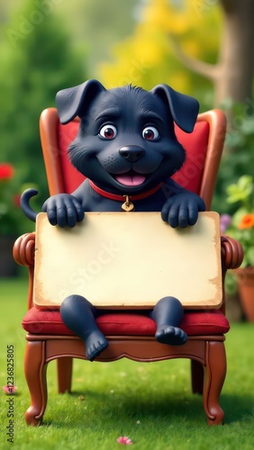 create a humorous image of a happy dog, slumped in a chair, holding up an empty sign, colorful letters. The cat is clearly exhausted. The background is a garden, Perfect composition, highly detailed -