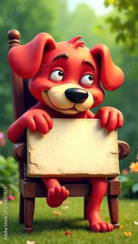 create a humorous image of a happy dog, slumped in a chair, holding up an empty sign, colorful letters. The cat is clearly exhausted. The background is a garden, Perfect composition, highly detailed -