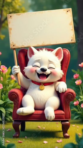 create a humorous image of a happy dog, slumped in a chair, holding up an empty sign, colorful letters. The cat is clearly exhausted. The background is a garden, Perfect composition, highly detailed -