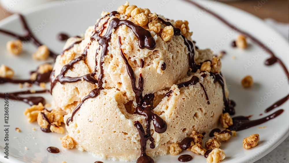 Delicious peanut butter ice cream with crushed peanuts and chocolate syrup Delicious peanut butter ice cream with crushed peanuts and chocolate syrup