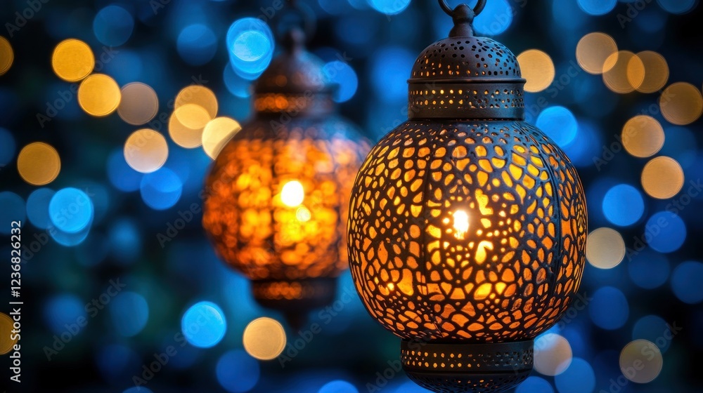 Illuminated decorative lanterns, hanging outdoors, at night, with bokeh lights Illuminated decorative lanterns, hanging outdoors, at night, with bokeh lights