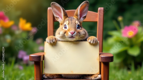 create a humorous image of a happy bunny, slumped in a chair, holding up an empty sign, colorful letters. The cat is clearly exhausted. The background is a garden, Perfect composition, highly detailed