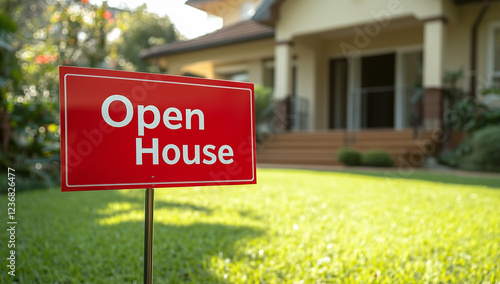 Wallpaper Mural A red sign with the text "Open House" stands in front of an elegant house on a sunny day. Torontodigital.ca