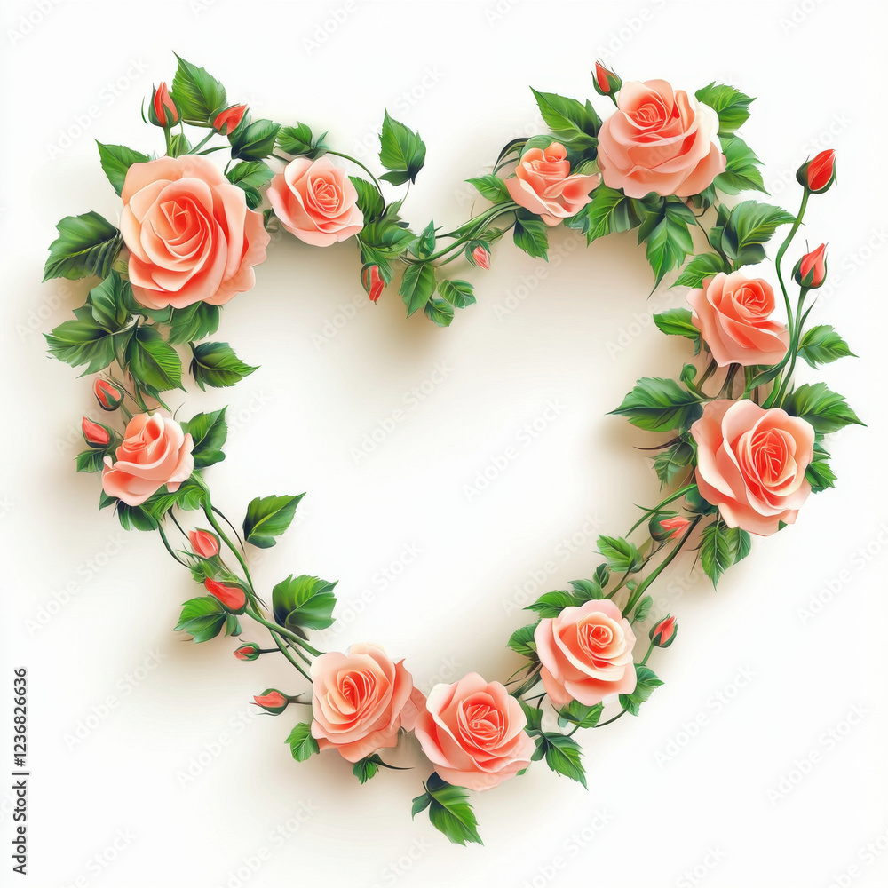 Beautiful heart shaped arrangement of pink roses and green leaves, symbolizing love and affection. Perfect for romantic occasions and celebrations Beautiful heart shaped arrangement of pink roses and green leaves, symbolizing love and affection. Perfect for romantic occasions and celebrations