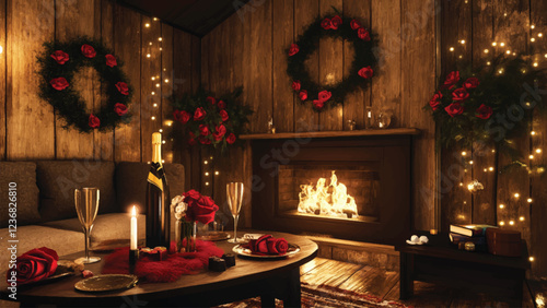 A cozy living room with a fireplace, decorated with red roses, fairy lights, and a table for two with champagne and chocolates --v 6.1 --ar 16:9