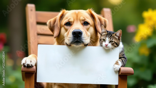 create a humorous image of a happy cat and dog, slumped in a chair, holding up an empty sign, colorful letters. The cat is clearly exhausted. The background is a garden