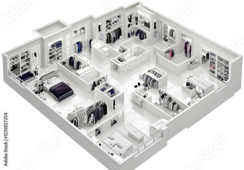 Overhead view of a spacious clothing store layout, showcasing various sections and organized displays. Neutral color palette, clean lines, and ample